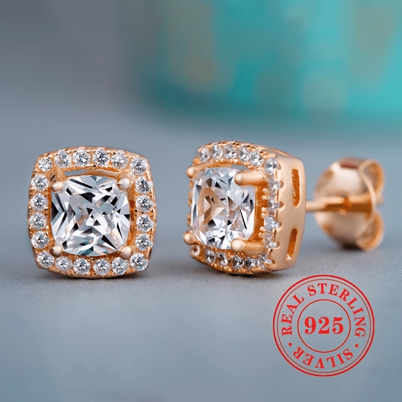 925 Silver CZ Stud Earrings Round & Square Design
